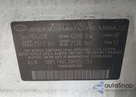 2009 Hyundai Sonata Gls from USA, damaged, VIN 5NPET46C39H551299